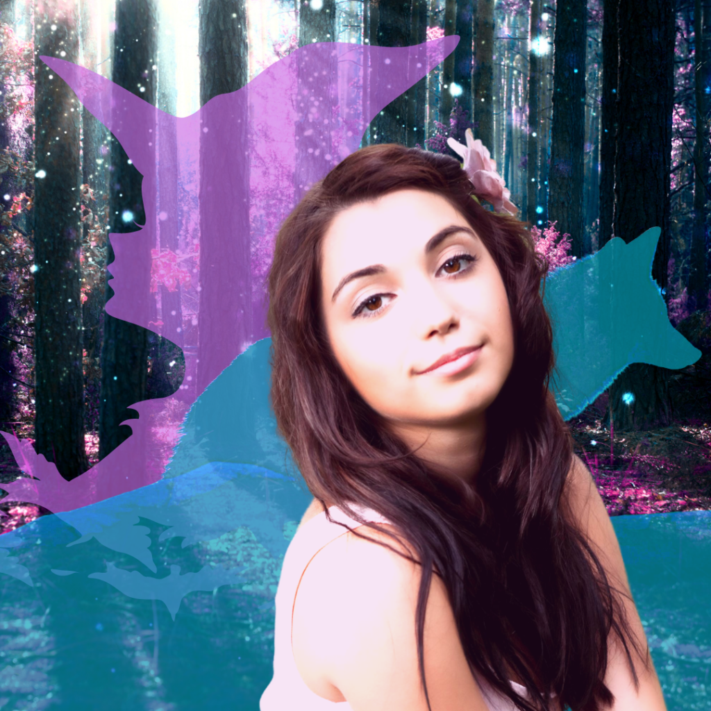 girl on a magical forest background with outlines of a witch and a wolf